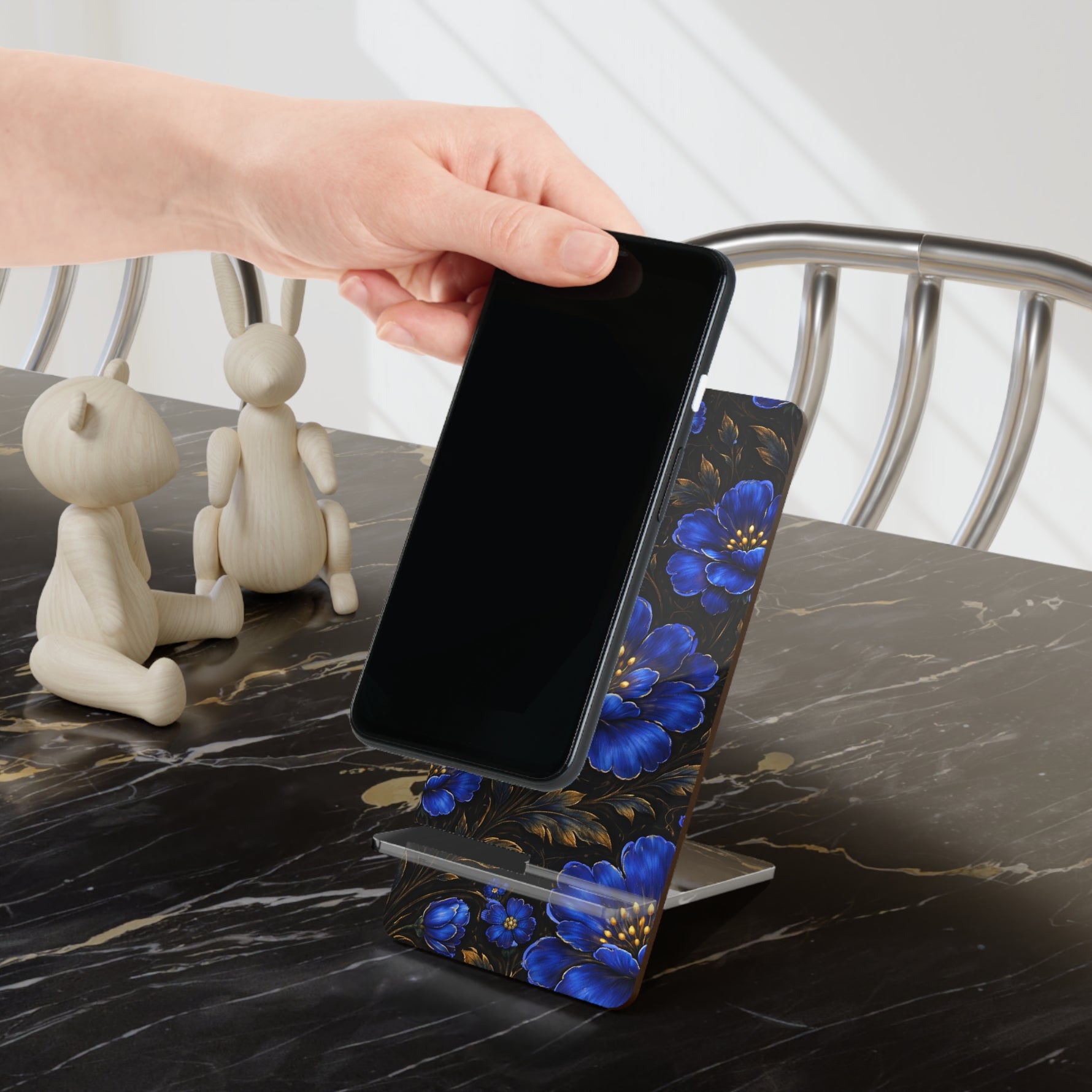 Blue Floral Phone Stand — Decorative Mobile Display Stand for Smartphones - 2.8" x 5.9" / Glossy - Shamo's