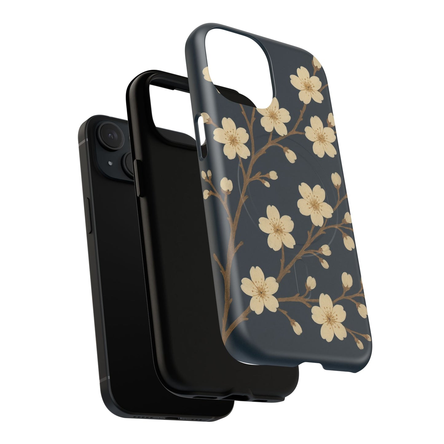 Navy Cherry Blossom Floral iPhone Case - Compatible with MagSafe