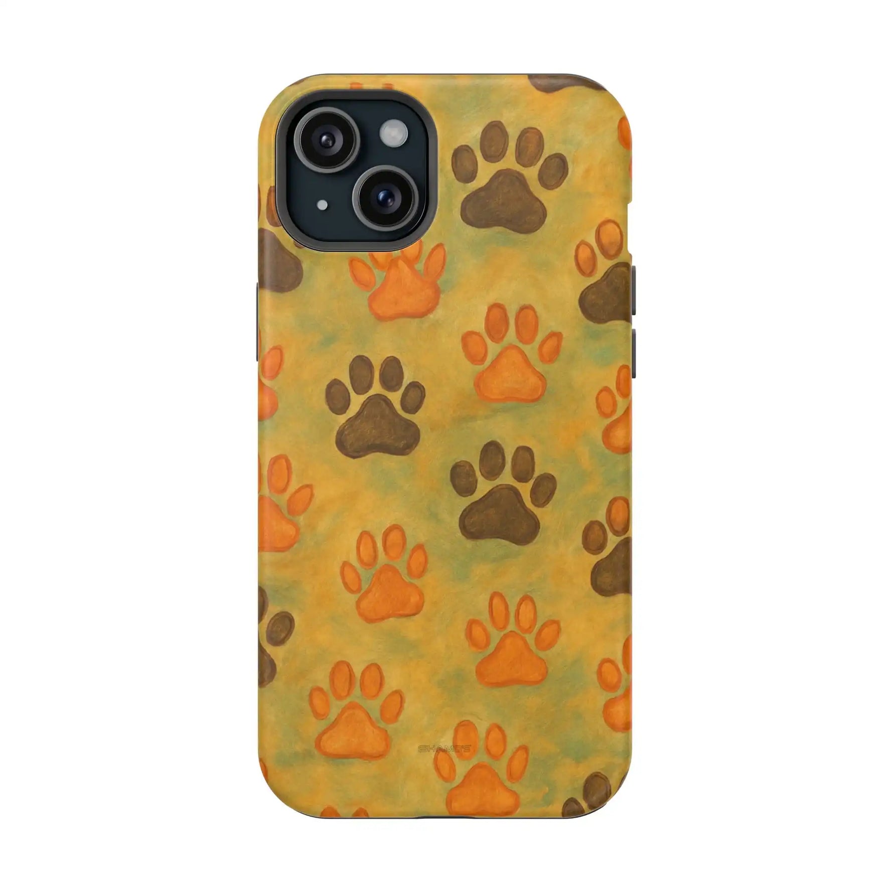 iPhone case medium size with orange and brown paw prints on yellow background