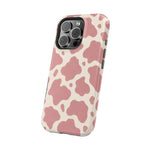 Rose Cowprint – Pink Cow Print MagSafe Phone Case, glossy square triple-camera Pro model, angled rear view