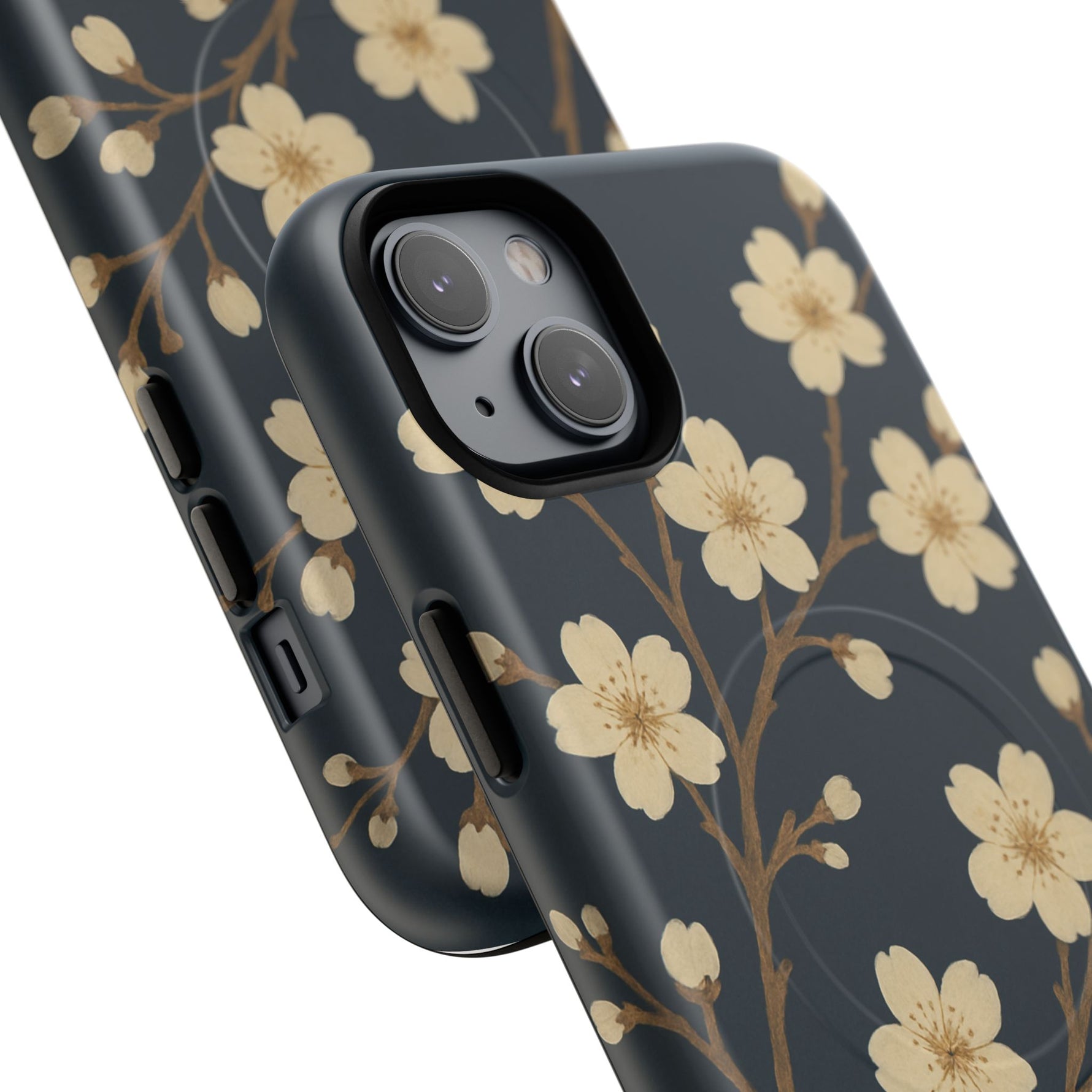 Navy Cherry Blossom Floral iPhone Case - Compatible with MagSafe - Shamo's