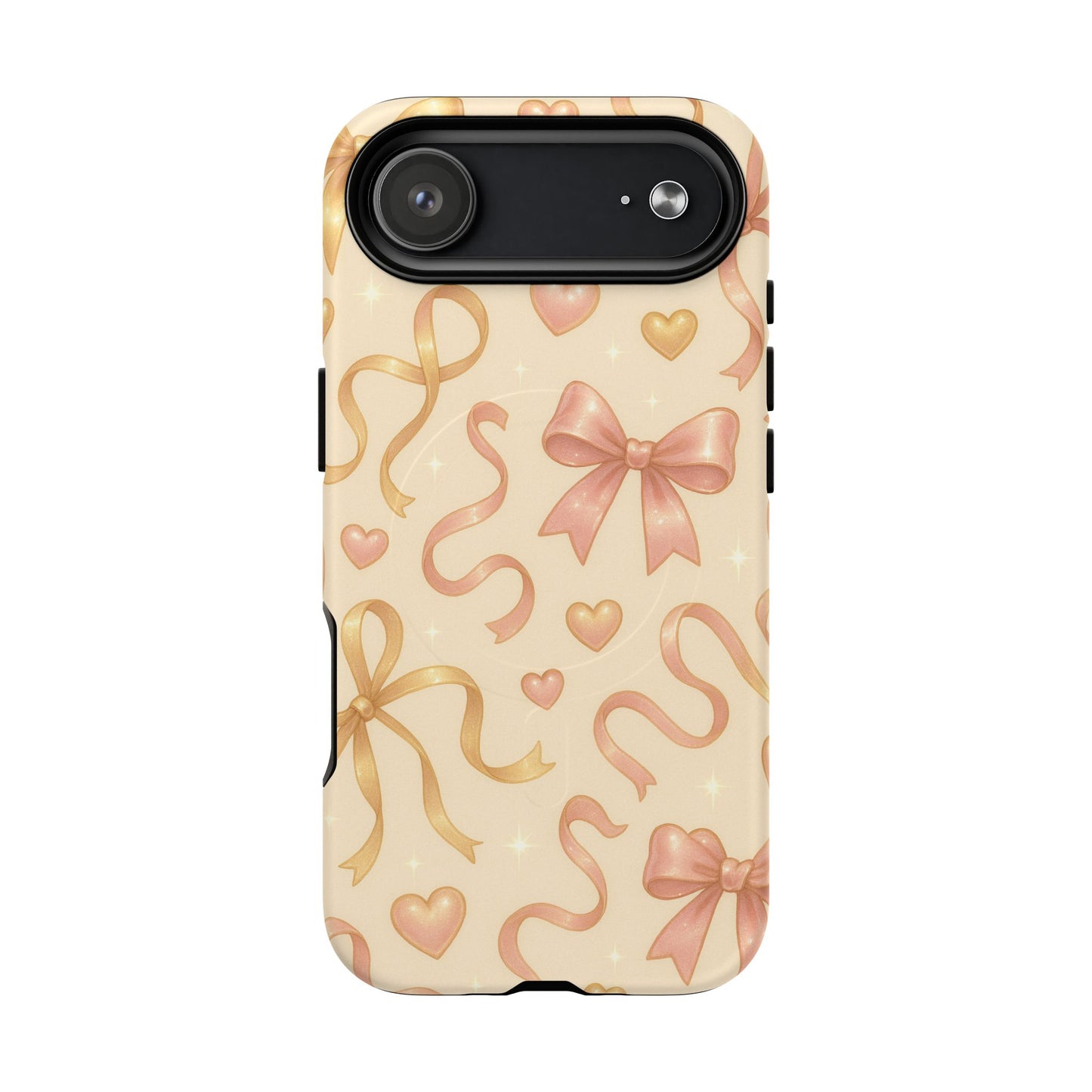 Festive Bow Charm iPhone Case — Pink & Gold Ribbon Hearts with MagSafe - Shamo's