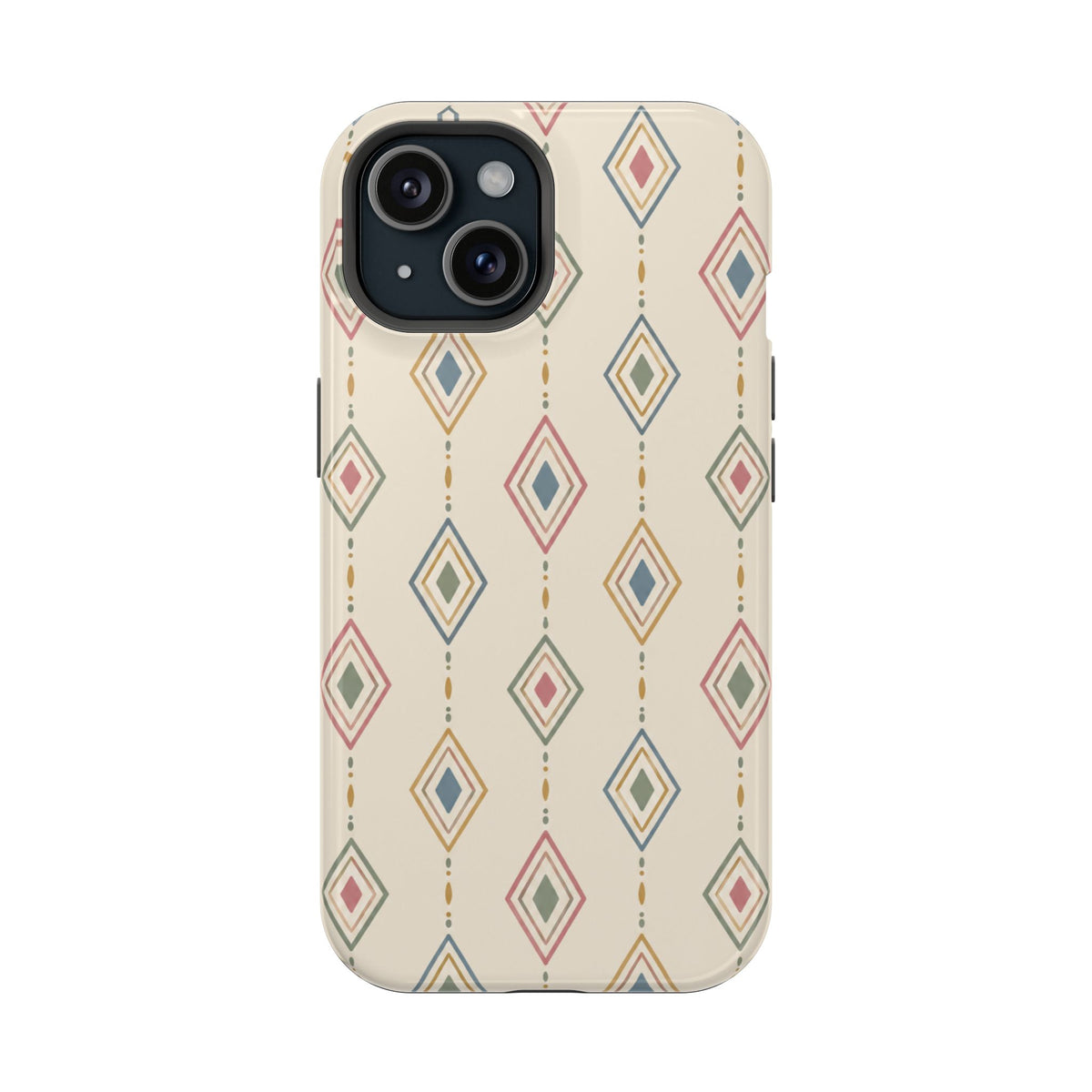Desert Diamonds – Pastel Geometric Pattern MagSafe Phone Case, glossy iPhone 15, rear view