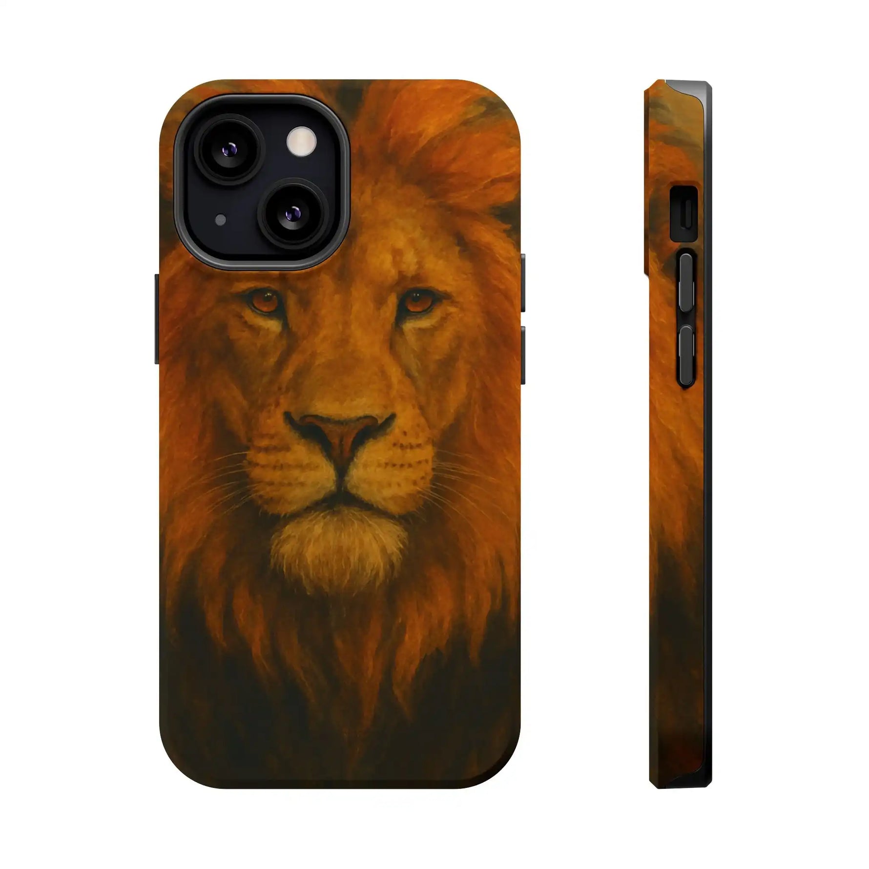 Lion face phone case with vibrant mane design shown front and side variant size