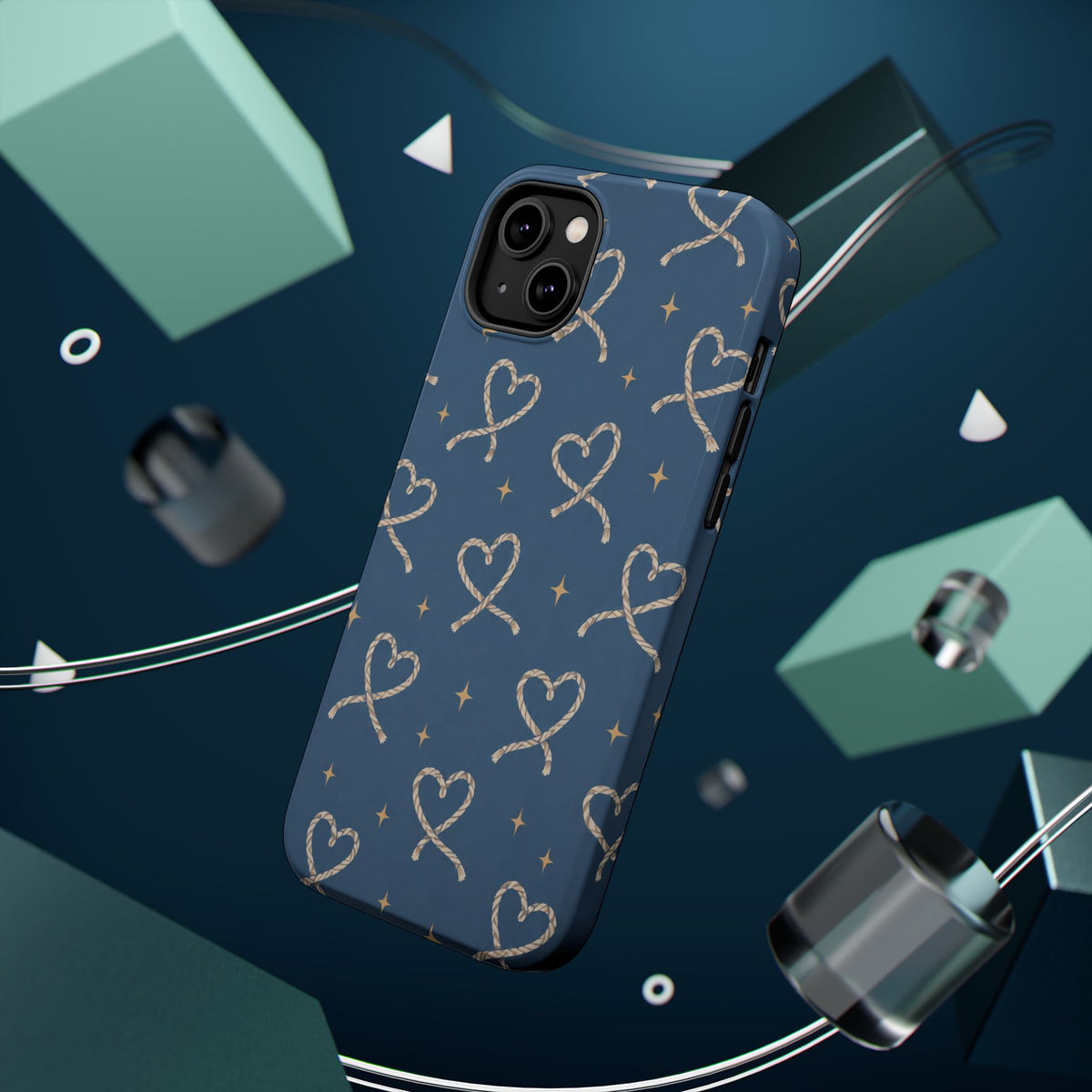 Lasso Hearts – Blue Western Heart MagSafe Phone Case, glossy diagonal dual-camera model, rear view with magnetic accessories
