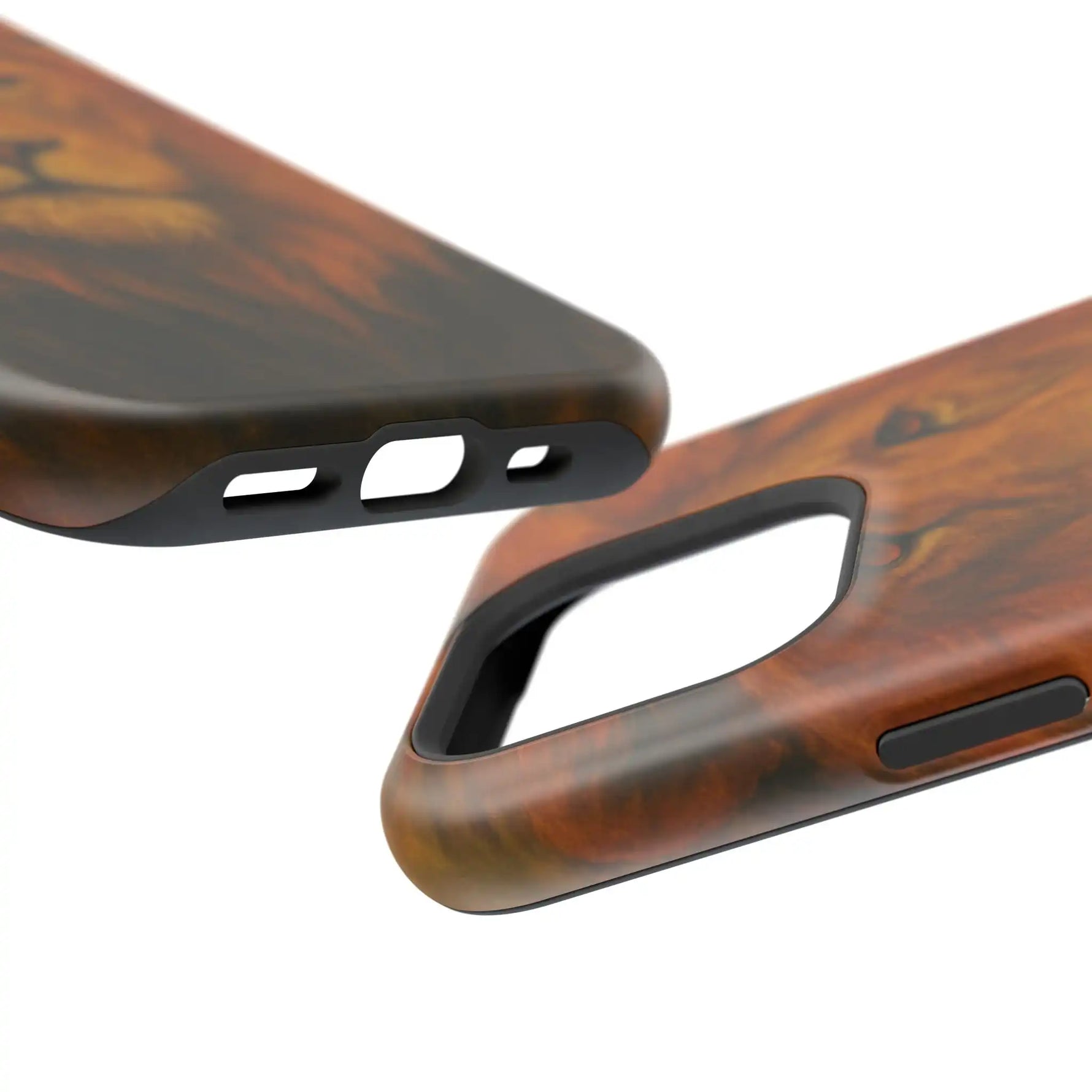 Close-up of two wood-pattern phone cases showing camera cutout and charging port size variant