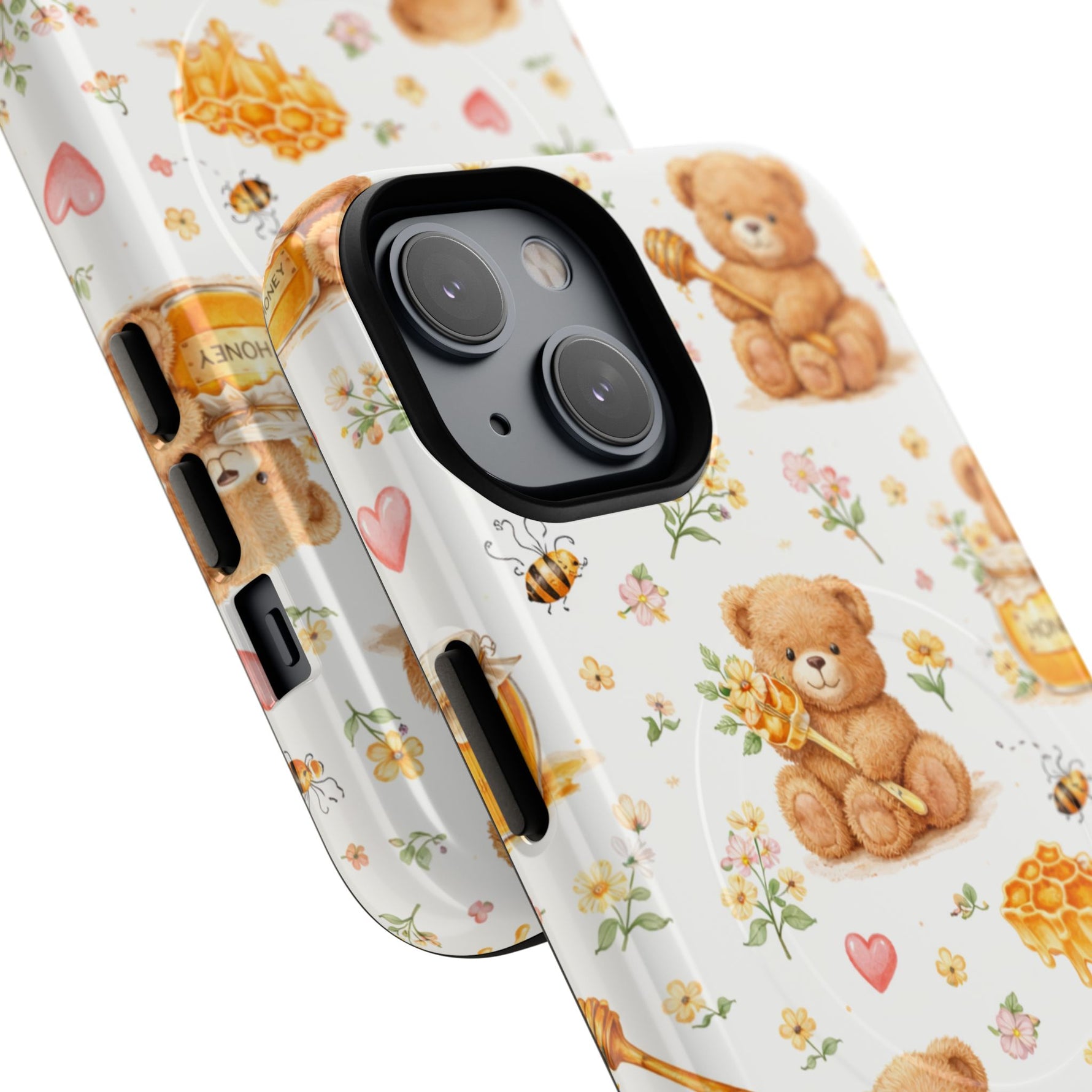 Honey Teddy Bear iPhone Case — Yellow Bee & Honey Pot Design with MagSafe