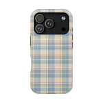 Ranch Check – Blue and Cream Plaid MagSafe Phone Case, glossy iPhone 18 Pro, rear view
