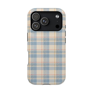 Ranch Check – Blue and Cream Plaid MagSafe Phone Case, glossy iPhone 18 Pro, rear view