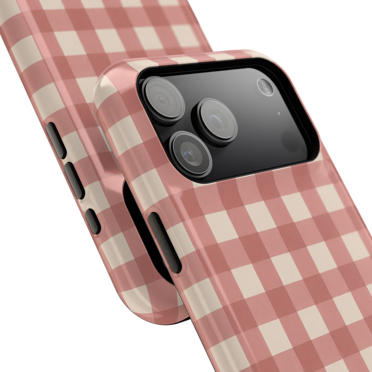 Prairie Gingham MagSafe Phone Case, glossy wide-camera Pro Max model, camera and side-button close-up