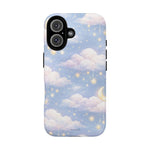 iPhone 13 mini case with dreamy clouds, sparkling stars, and crescent moon design