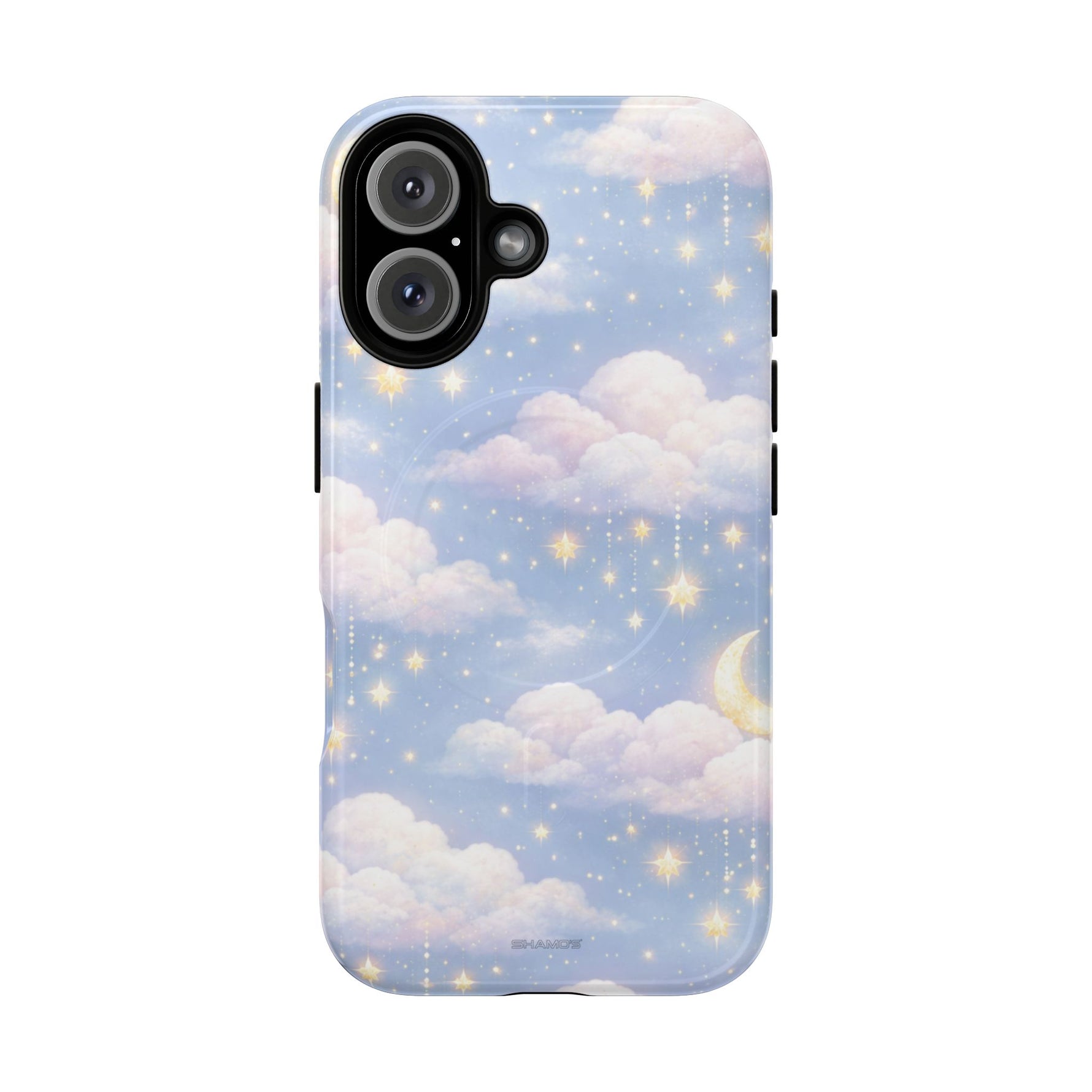 iPhone 13 mini case with dreamy clouds, sparkling stars, and crescent moon design