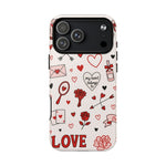 Romantic Love Doodle Tough iPhone Case ("LOVE", hearts, roses) (MagSafe compatible)  Shamo's iPhone 17 Pro Max / Glossy