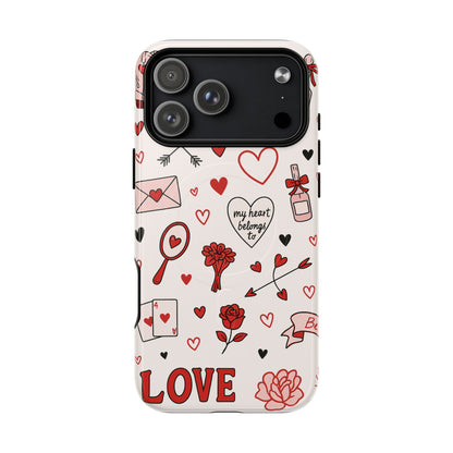 Romantic Love Doodle Tough iPhone Case ("LOVE", hearts, roses) (MagSafe compatible)