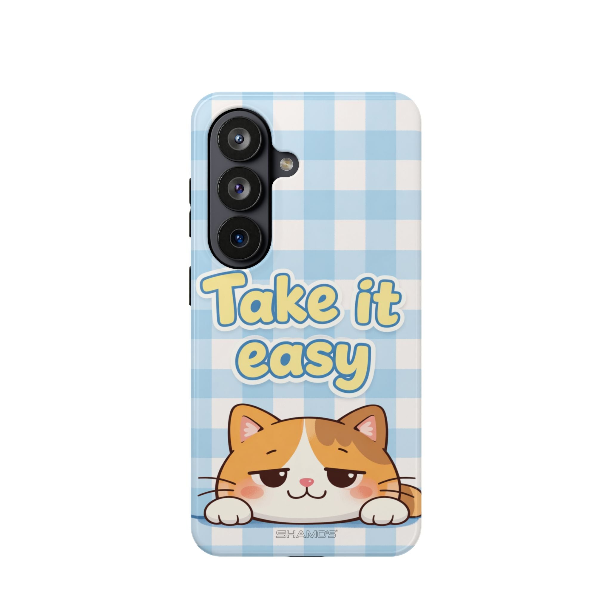 Phone case with a cartoon orange cat and Take it easy lettering on blue and white gingham
