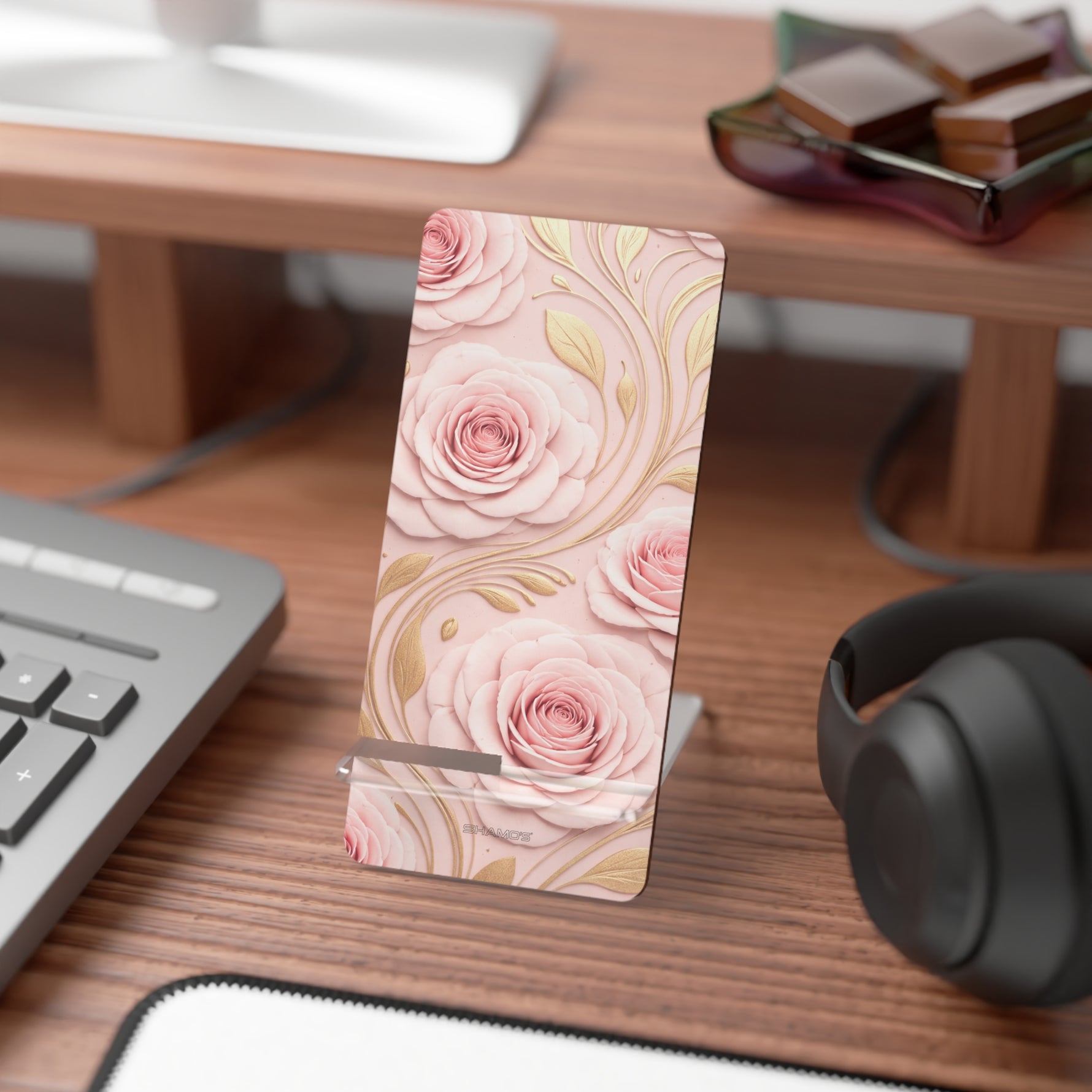 Floral Rose Phone Stand, Pink Gold Smartphone Display Holder