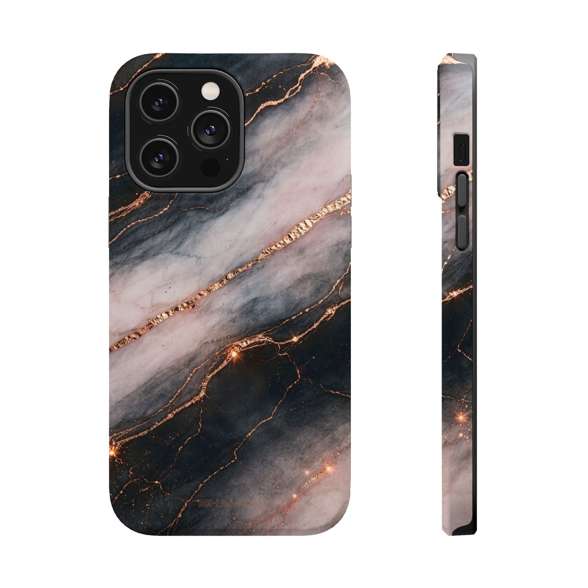 Marbled Black & Rose Gold Magnetic MagSafe Compatible Phone Case — Impact-Resistant