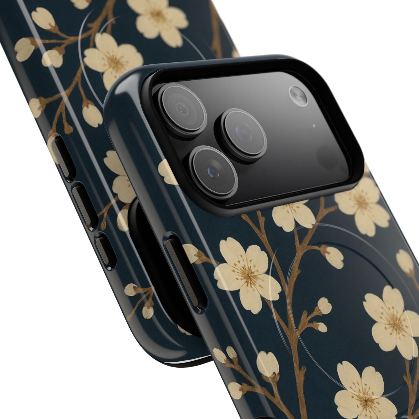 Navy Cherry Blossom Floral iPhone Case - Compatible with MagSafe