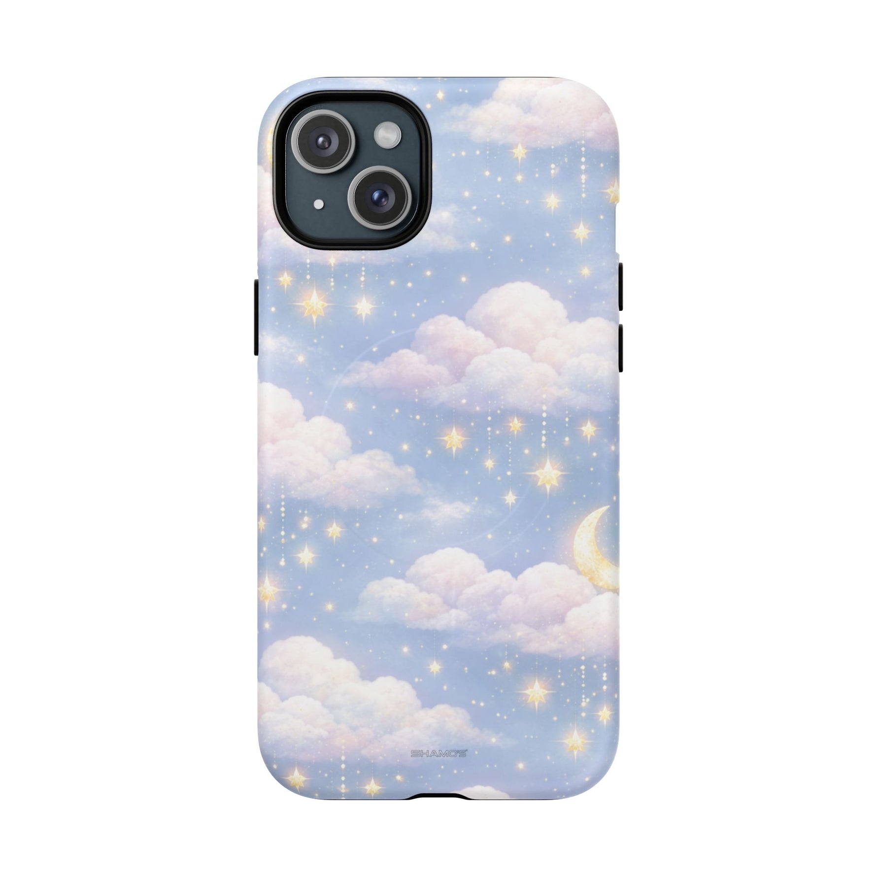 iPhone case with dreamy sky design, fluffy clouds, crescent moon, and sparkling stars, variant size