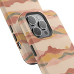 Sunset Trails – Desert Landscape MagSafe Phone Case, glossy square triple-camera Pro model, camera and side-button close-up
