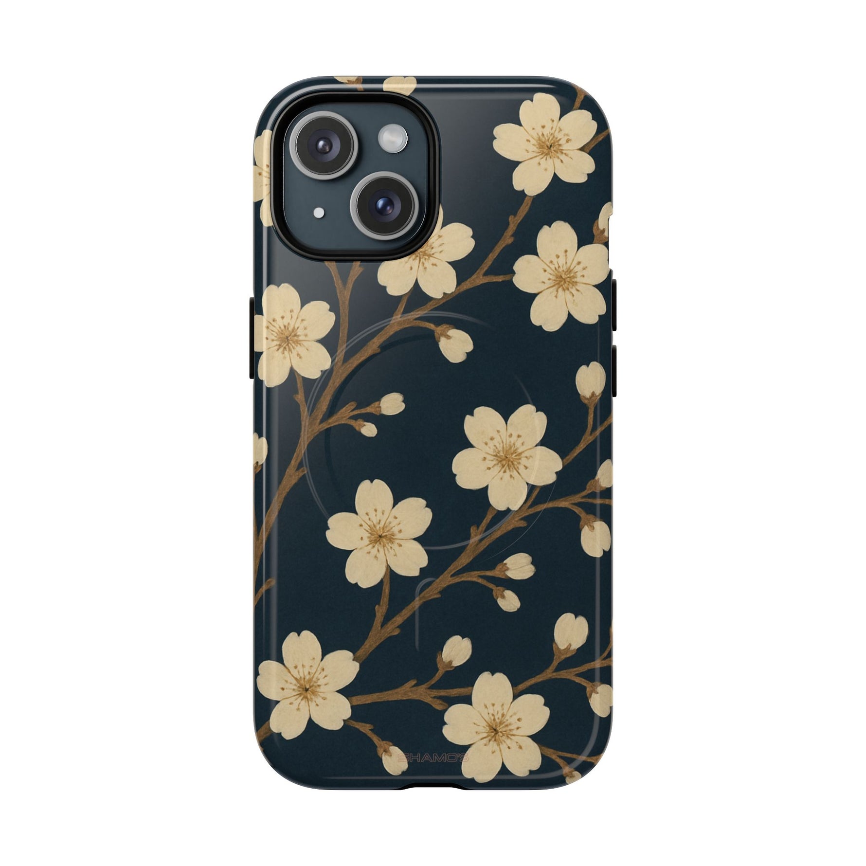 Navy Cherry Blossom Floral iPhone Case - Compatible with MagSafe