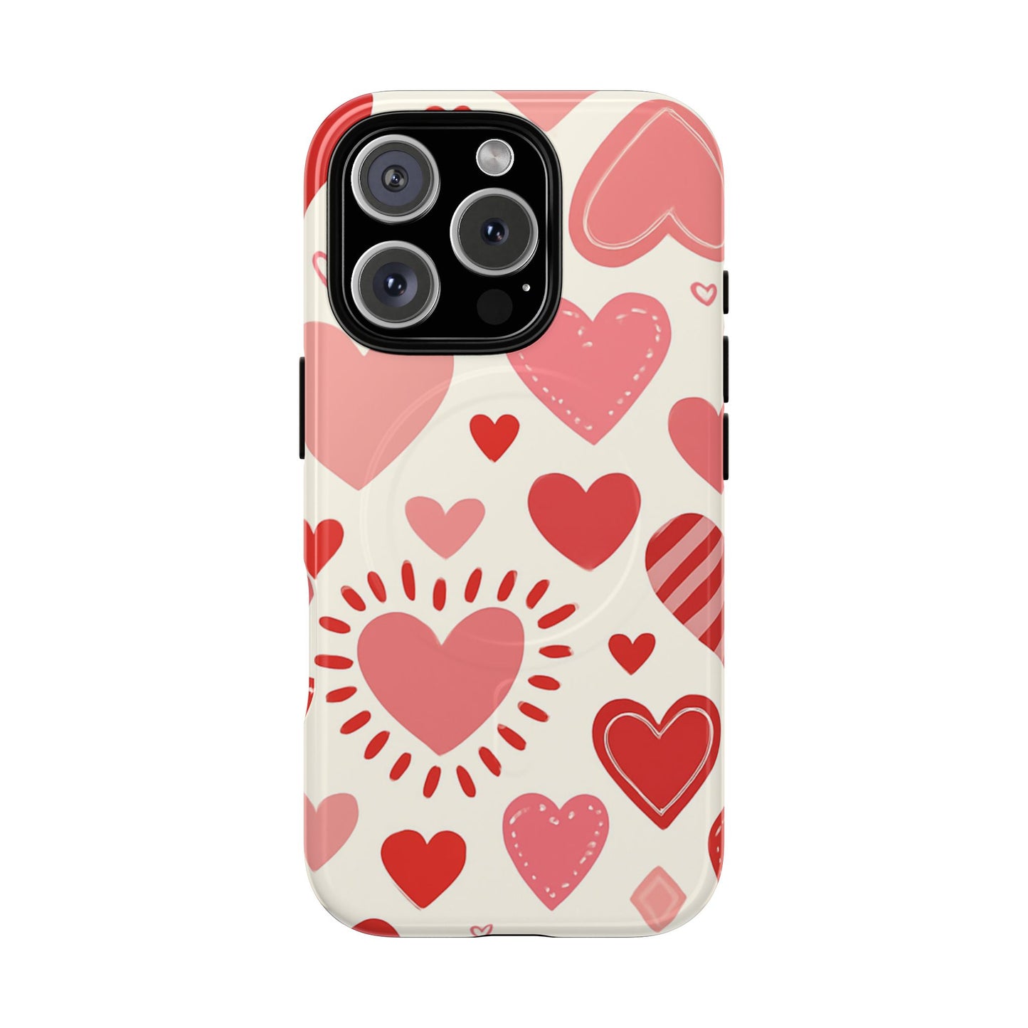 Heart Pattern Tough iPhone Case — Cute Red & Pink Hearts Protective Cover (MagSafe compatible)