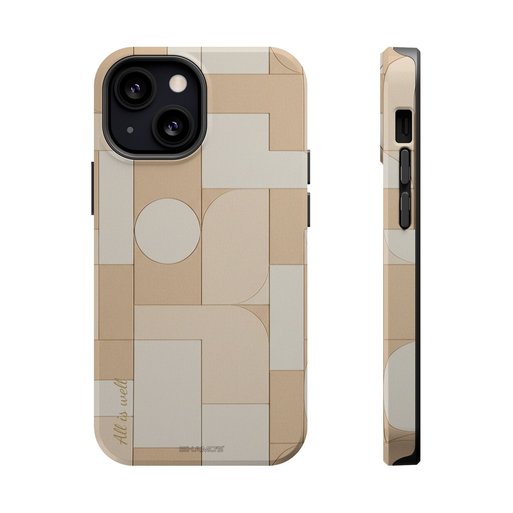 Geometric Beige Magnetic Impact-Resistant iPhone Case with Personalizable Quote and MagSafe Compatible