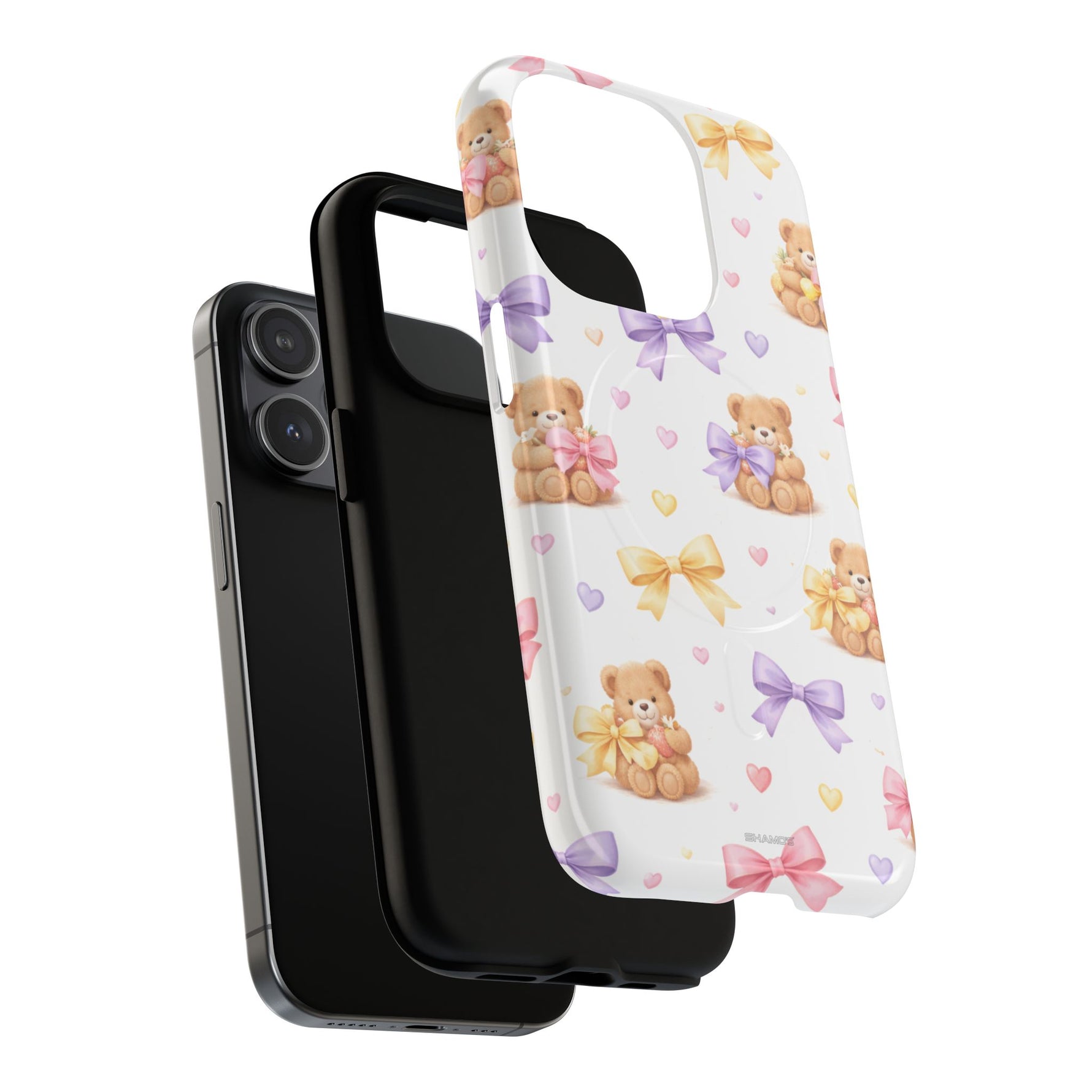 iPhone with black case and a detachable white phone case featuring teddy bears, pastel bows, and hearts pattern showing variant size