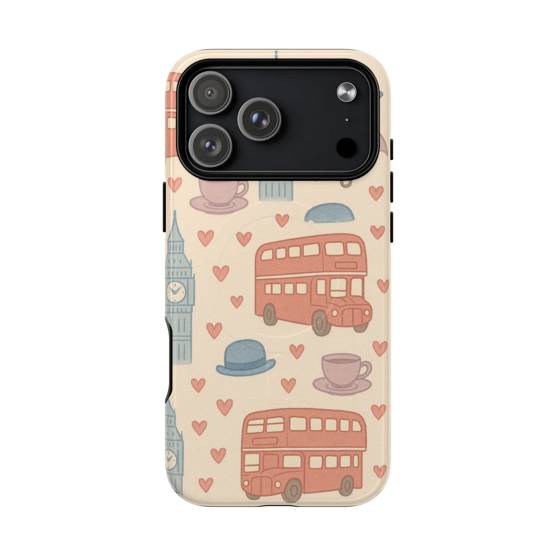 London Icons Hand-Drawn iPhone Case — Cute Double-Decker Bus & Big Ben Pattern with MagSafe compatibility  Shamo's iPhone 17 Pro Max / Glossy