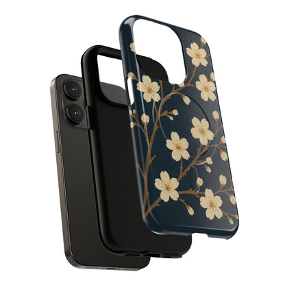 Navy Cherry Blossom Floral iPhone Case - Compatible with MagSafe