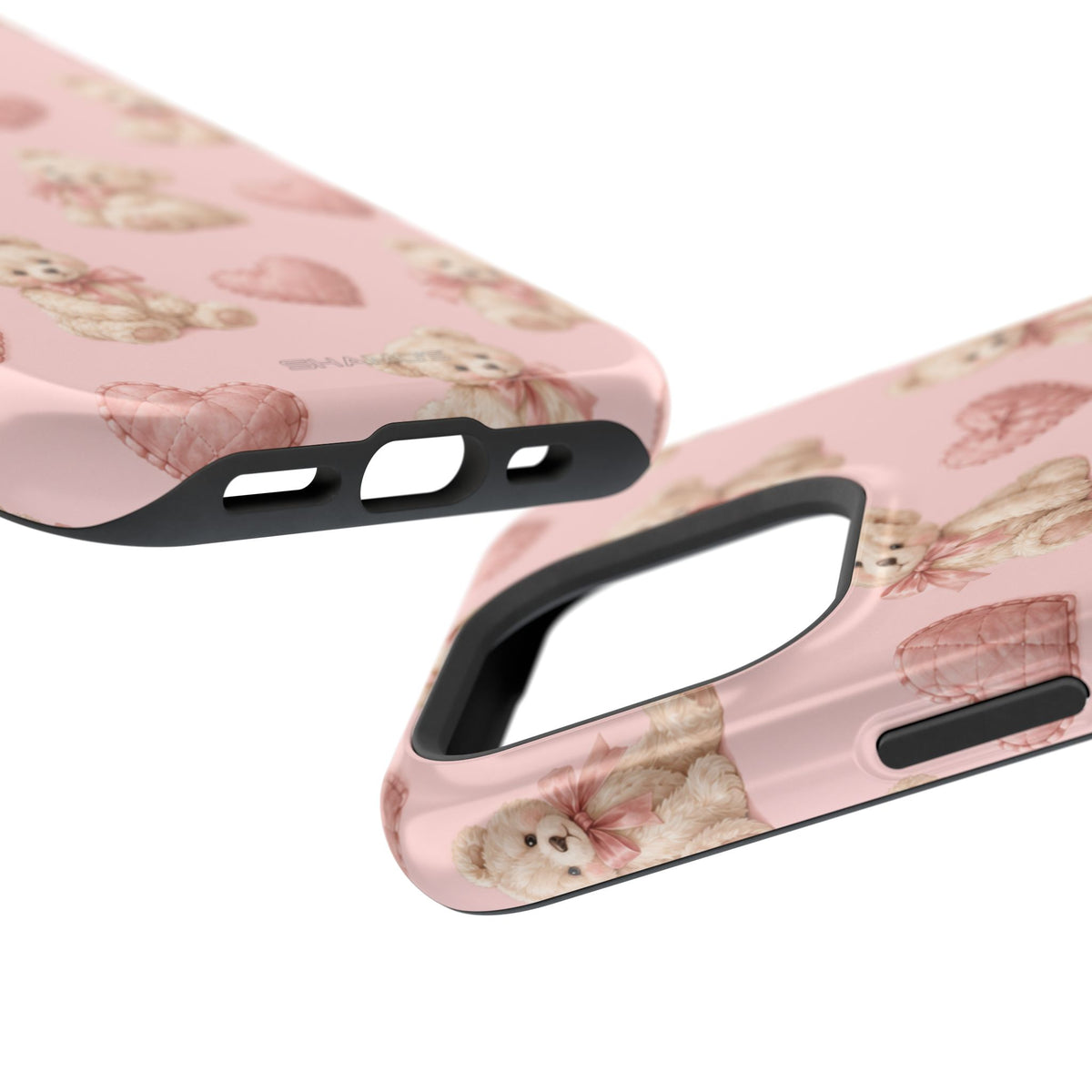 Pink Teddy Hearts Love iPhone Case, Impact-Resistant MagSafe Compatible