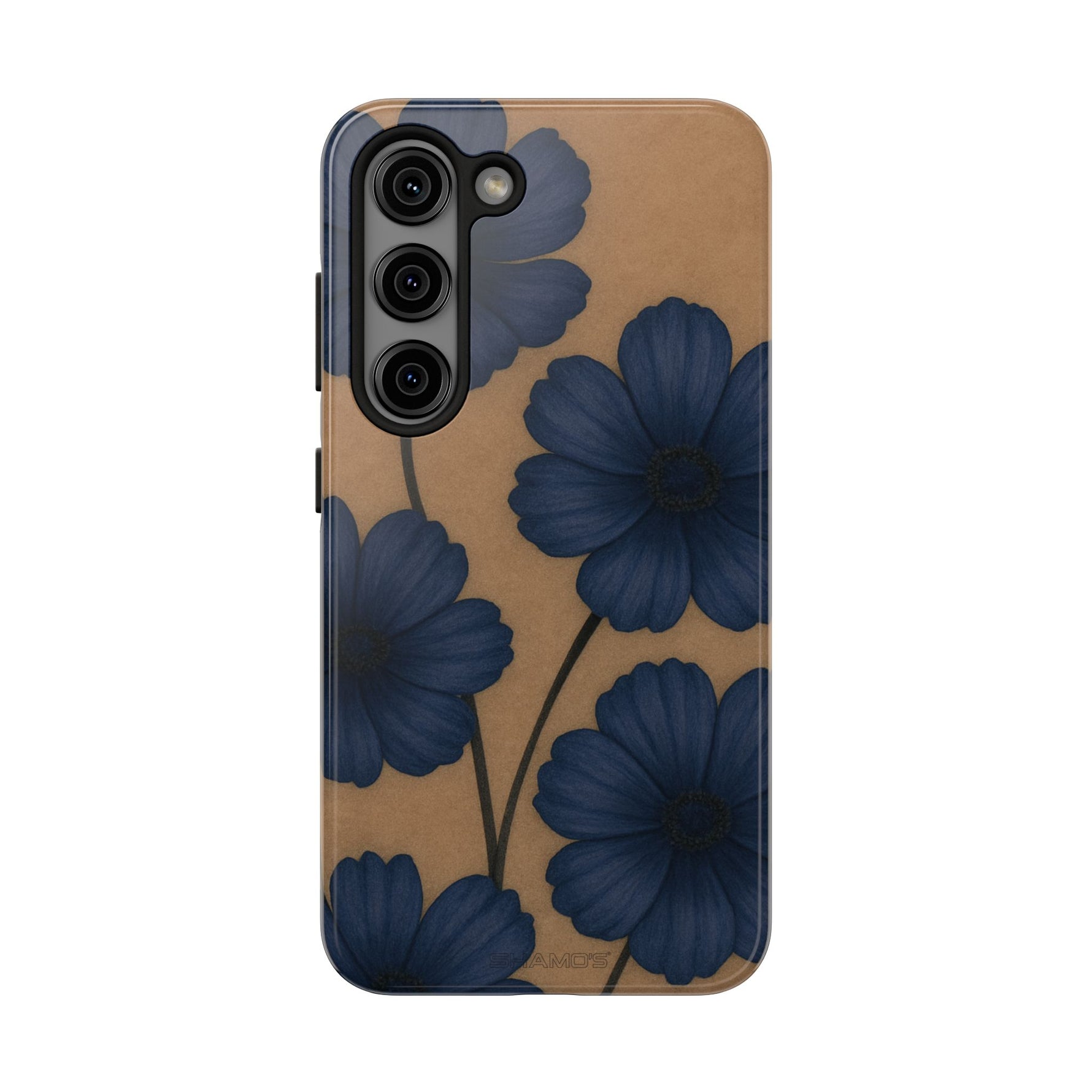 Navy Floral Tough Phone Case — Durable Protective Case with Blue Flowers on Kraft Background