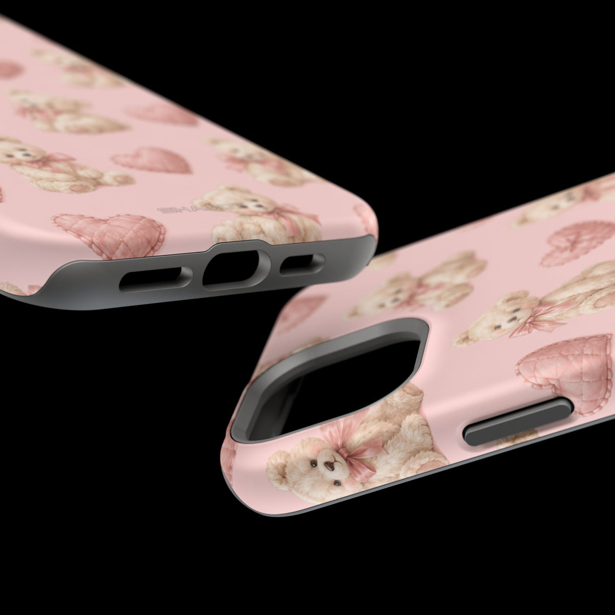 Pink Teddy Hearts Love iPhone Case, Impact-Resistant MagSafe Compatible
