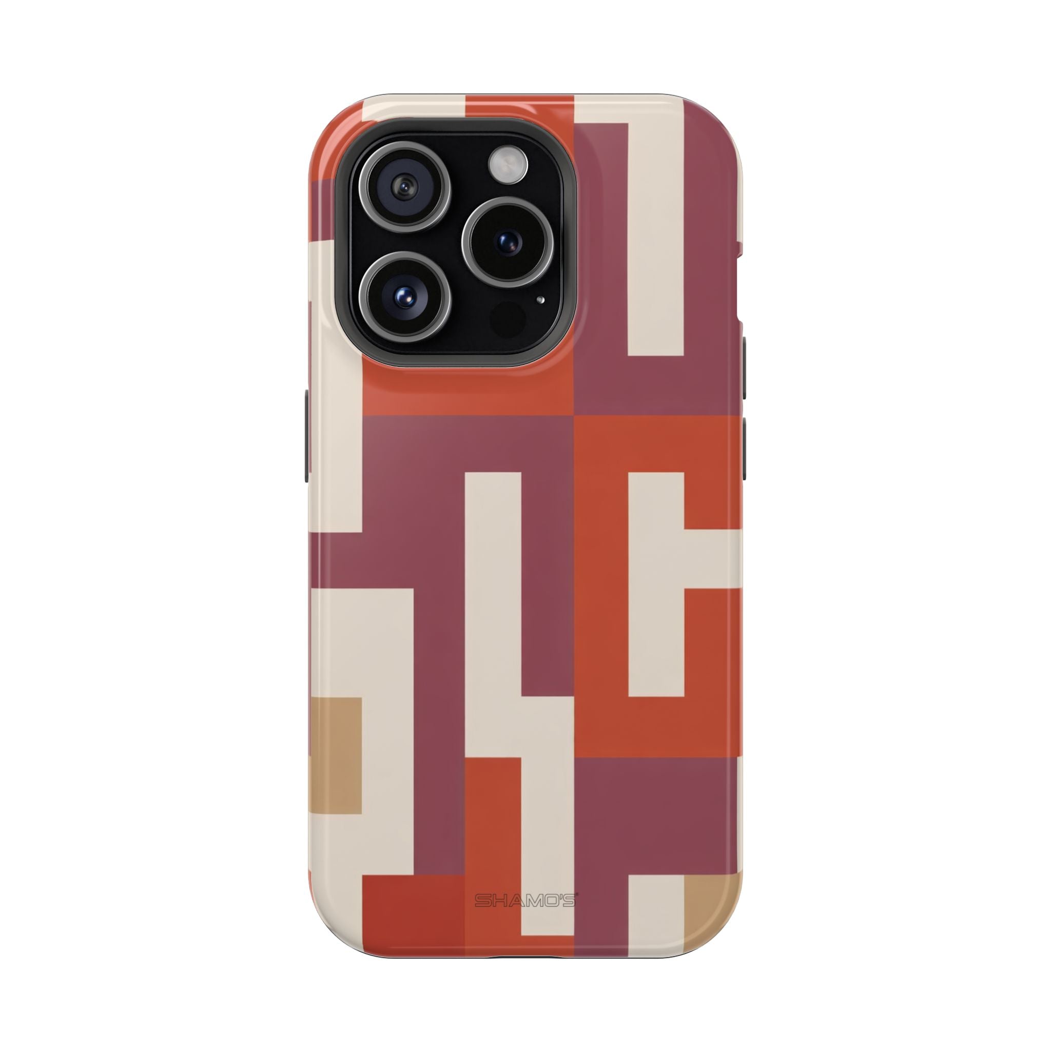 Phone case with interlocking rectangular shapes in rust red, burgundy, and cream
