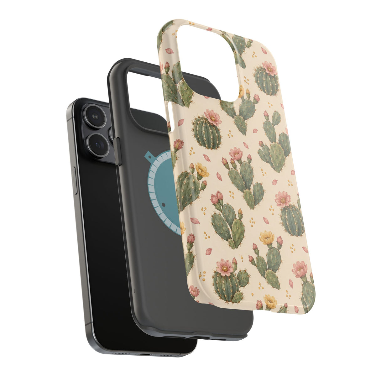 Cactus Bloom – Sage Green Floral Cactus MagSafe Phone Case, glossy square triple-camera Pro model, exploded shell and liner with magnetic ring