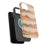 Sunset Trails – Desert Landscape MagSafe Phone Case, glossy diagonal dual-camera model, exploded shell and liner with magnetic ring