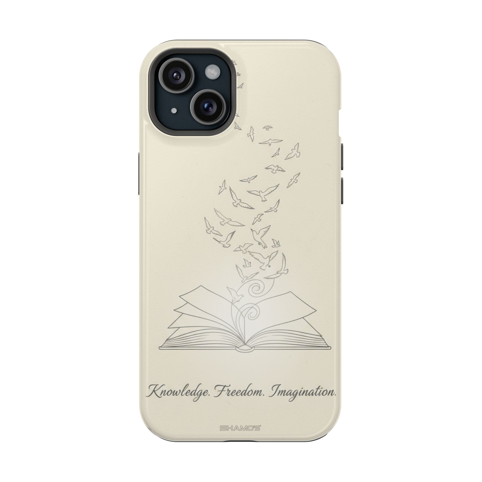 'Knowledge, Freedom, Imagination' Book & Birds Minimalist Magnetic Impact-Resistant Phone Case with MagSafe - iPhone 15 Plus / Glossy - Shamo's