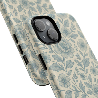Vintage Blue Floral Tough Case for iPhone - Compatible with MagSafe
