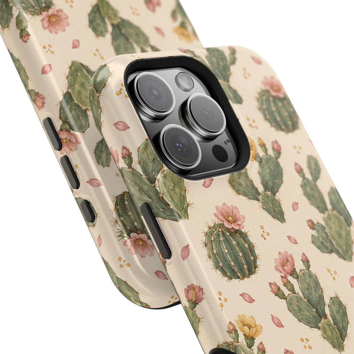 Cactus Bloom – Sage Green Floral Cactus MagSafe Phone Case, glossy square triple-camera Pro model, camera and side-button close-up