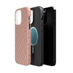 Meadow Lace – Blush Pink Lace Pattern MagSafe Phone Case, glossy square triple-camera Pro model, exploded shell and liner with magnetic ring