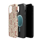 Floral Boots MagSafe Phone Case, glossy diagonal dual-camera model, exploded shell and liner with magnetic ring