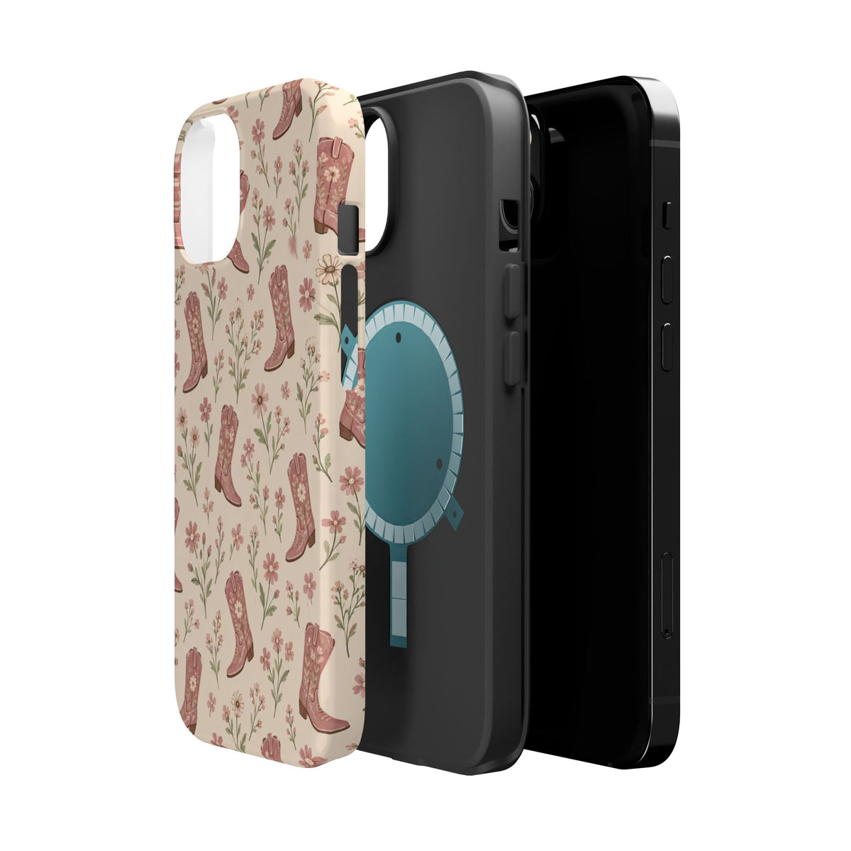 Floral Boots MagSafe Phone Case, glossy diagonal dual-camera model, exploded shell and liner with magnetic ring