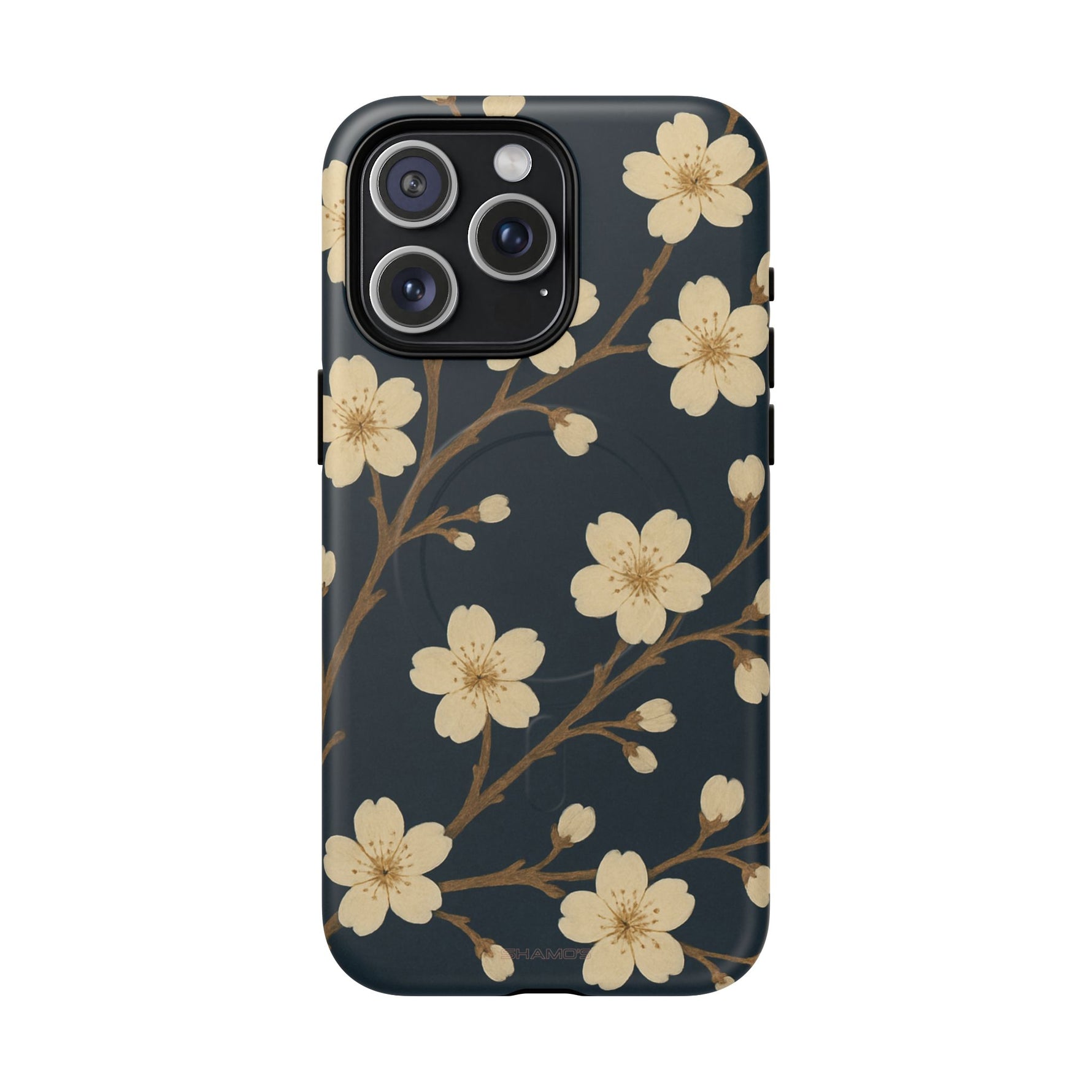 Navy Cherry Blossom Floral iPhone Case - Compatible with MagSafe
