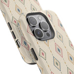 Desert Diamonds – Pastel Geometric Pattern MagSafe Phone Case, glossy square triple-camera Pro model, camera and side-button close-up
