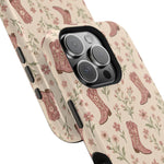 Floral Boots MagSafe Phone Case, glossy square triple-camera Pro model, camera and side-button close-up