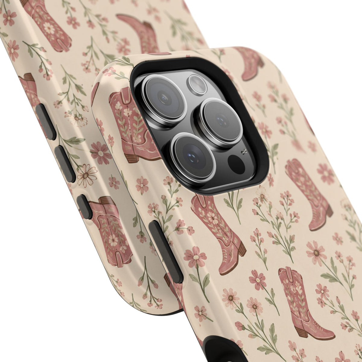 Floral Boots MagSafe Phone Case, glossy square triple-camera Pro model, camera and side-button close-up