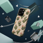 Cactus Bloom – Sage Green Floral Cactus MagSafe Phone Case, glossy square triple-camera Pro model, rear view with magnetic accessories