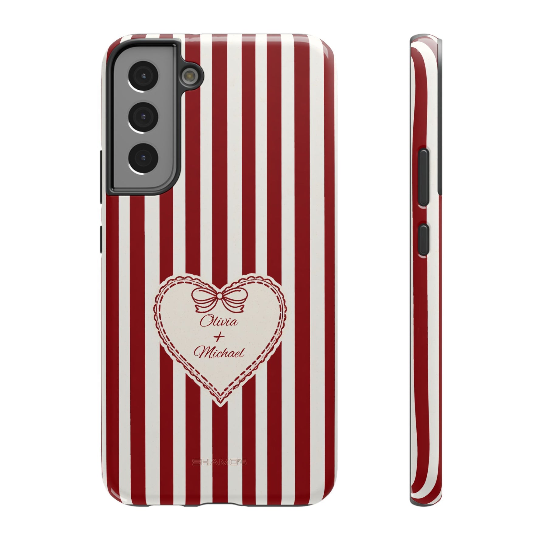 Funda personalizada a rayas — Diseño de corazón rojo y blanco (nombres personalizados)
