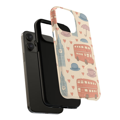 London Icons Hand-Drawn iPhone Case — Cute Double-Decker Bus & Big Ben Pattern with MagSafe compatibility