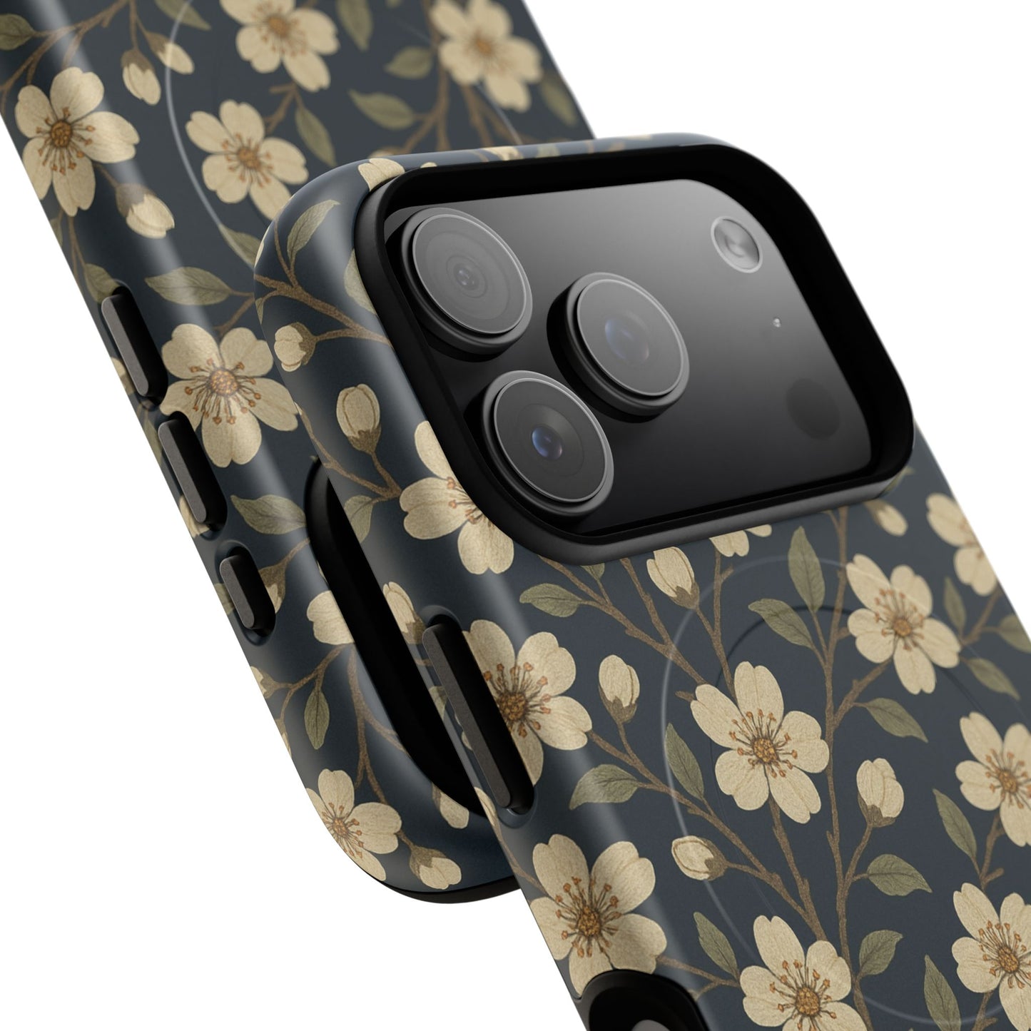 Navy Cherry Blossom Floral iPhone Case - Compatible with MagSafe